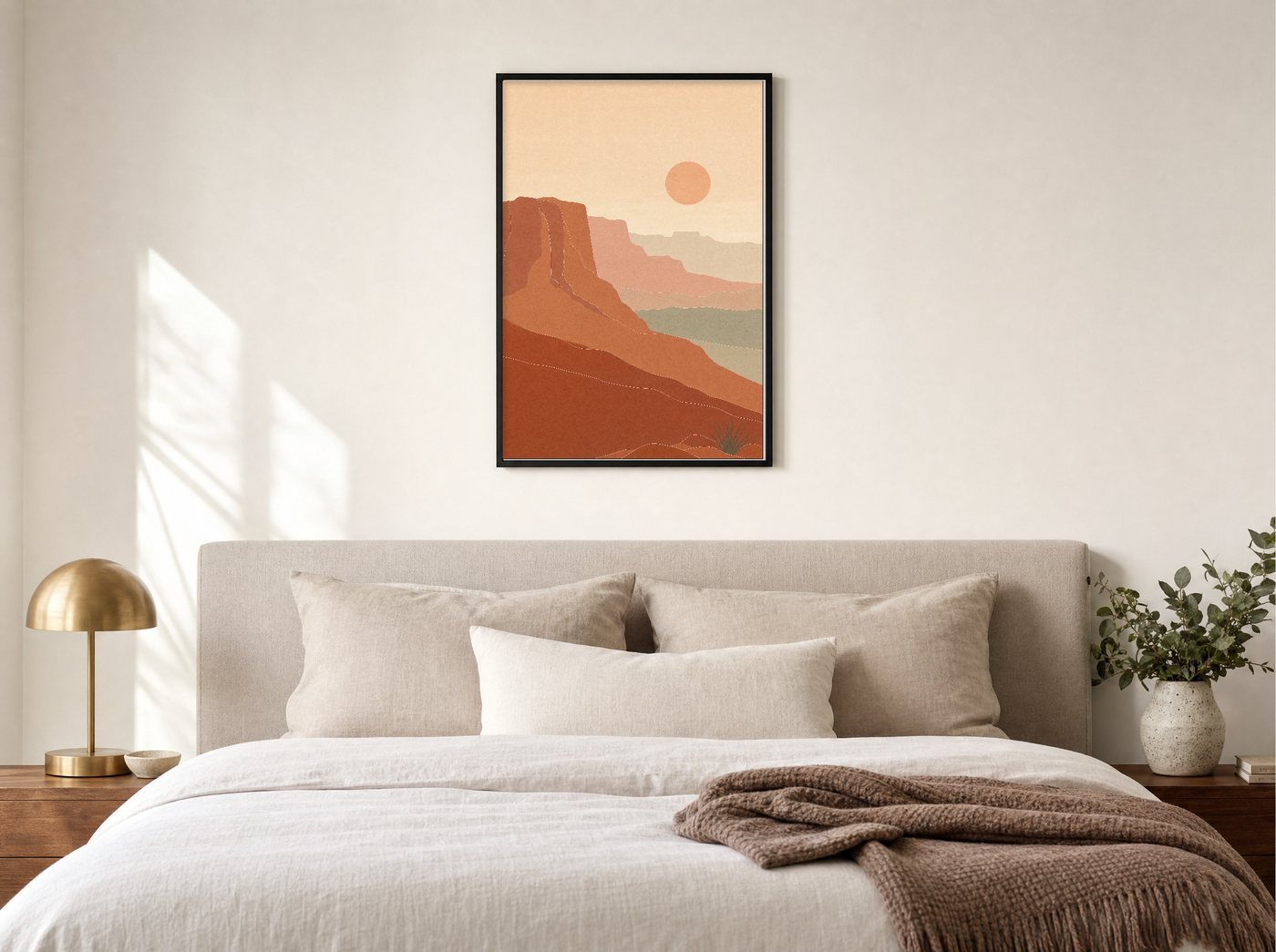 Layered Mesas framed and hung — a quiet bedroom