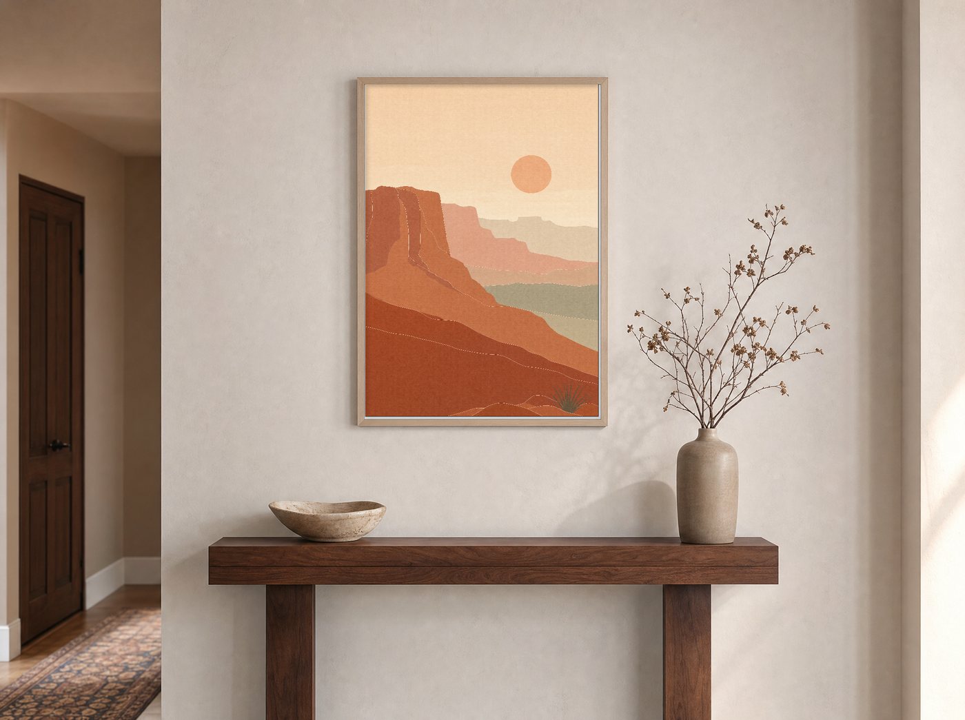 Layered Mesas framed and hung — an entryway console
