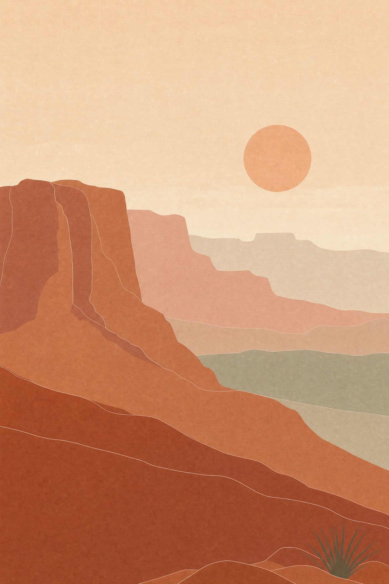 Layered Mesas — Quiet Desert print of receding desert mesas at dusk rendered as four or five overlapping flat bands of color