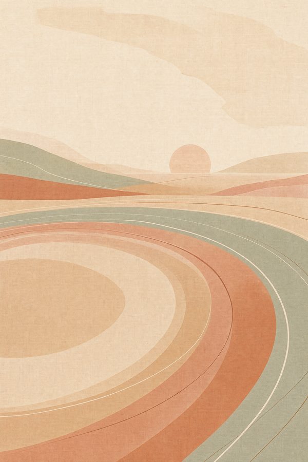 Long Exhale — The Quiet Hours print of wide concentric rings spreading gently across an open desert floor at dawn, like sound moving outward over sand