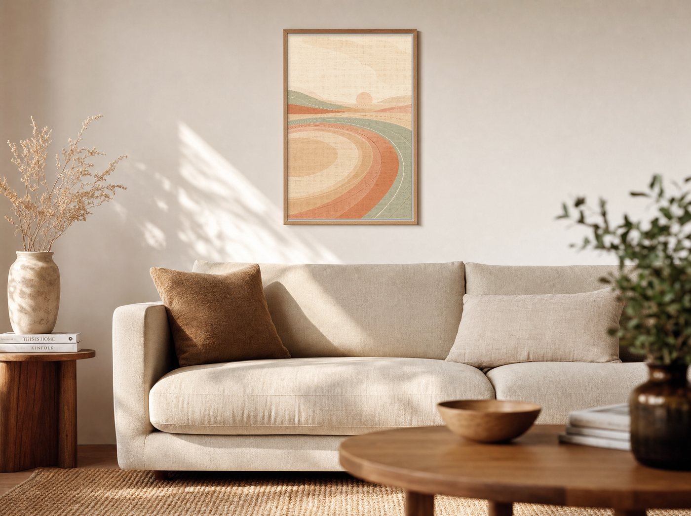 Long Exhale framed and hung — a warm living room