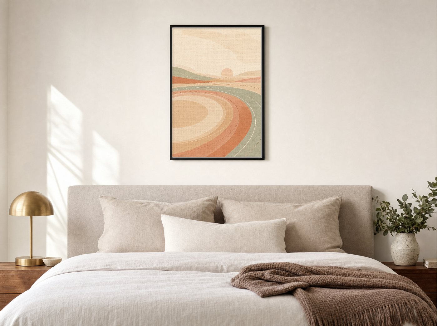 Long Exhale framed and hung — a quiet bedroom