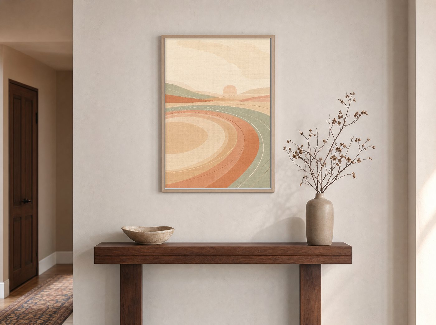 Long Exhale framed and hung — an entryway console