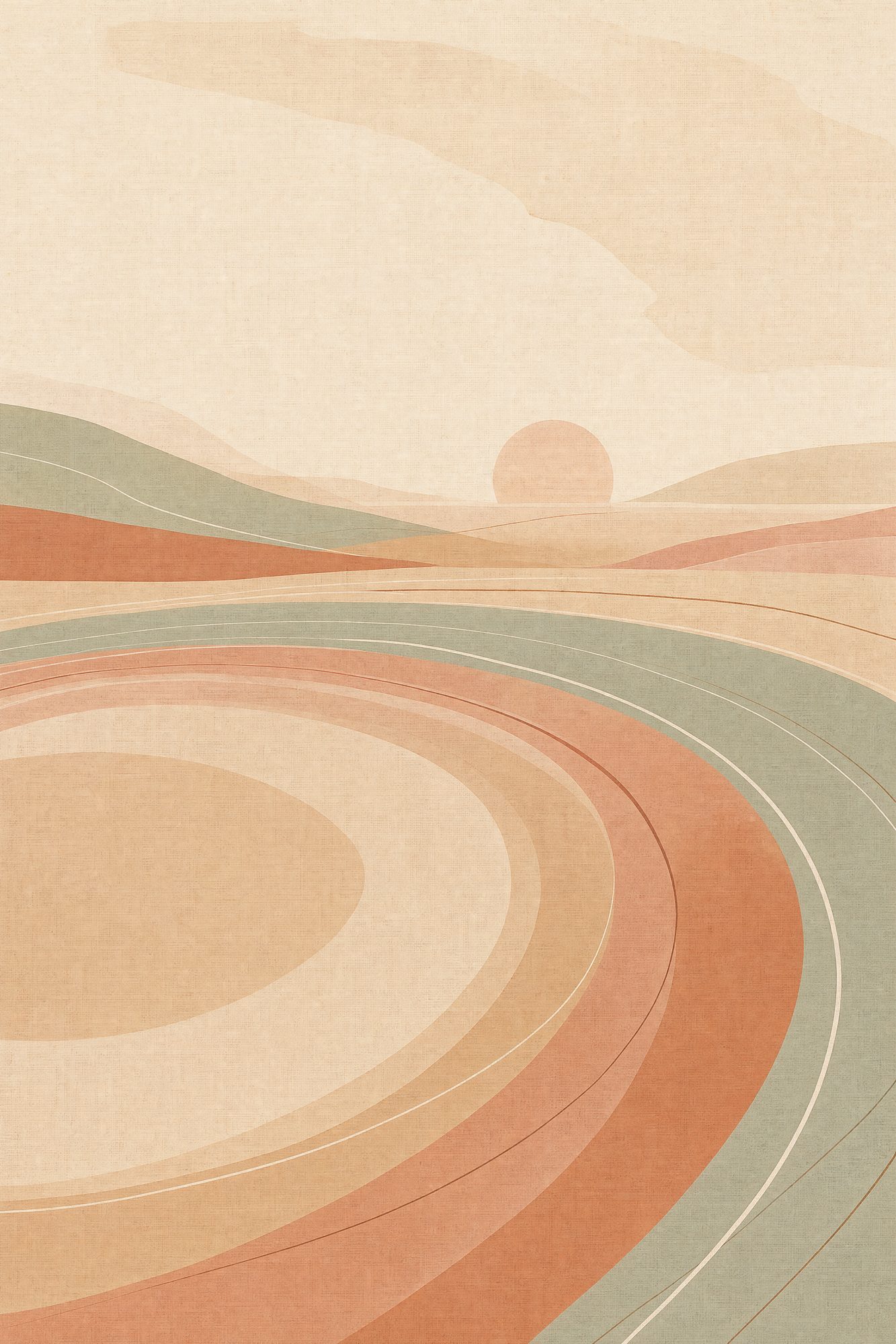 Long Exhale — The Quiet Hours print of wide concentric rings spreading gently across an open desert floor at dawn, like sound moving outward over sand