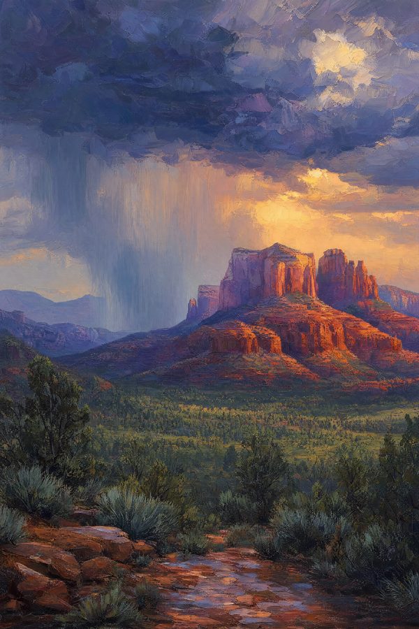 Monsoon Over the Buttes — Canyon Light print of a summer monsoon thunderstorm sweeping over the Sedona red rock buttes, curtains of rain and a break of gold light beneath the anvil cloud