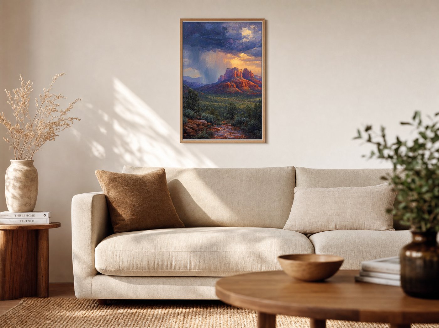 Monsoon Over the Buttes framed and hung — a warm living room