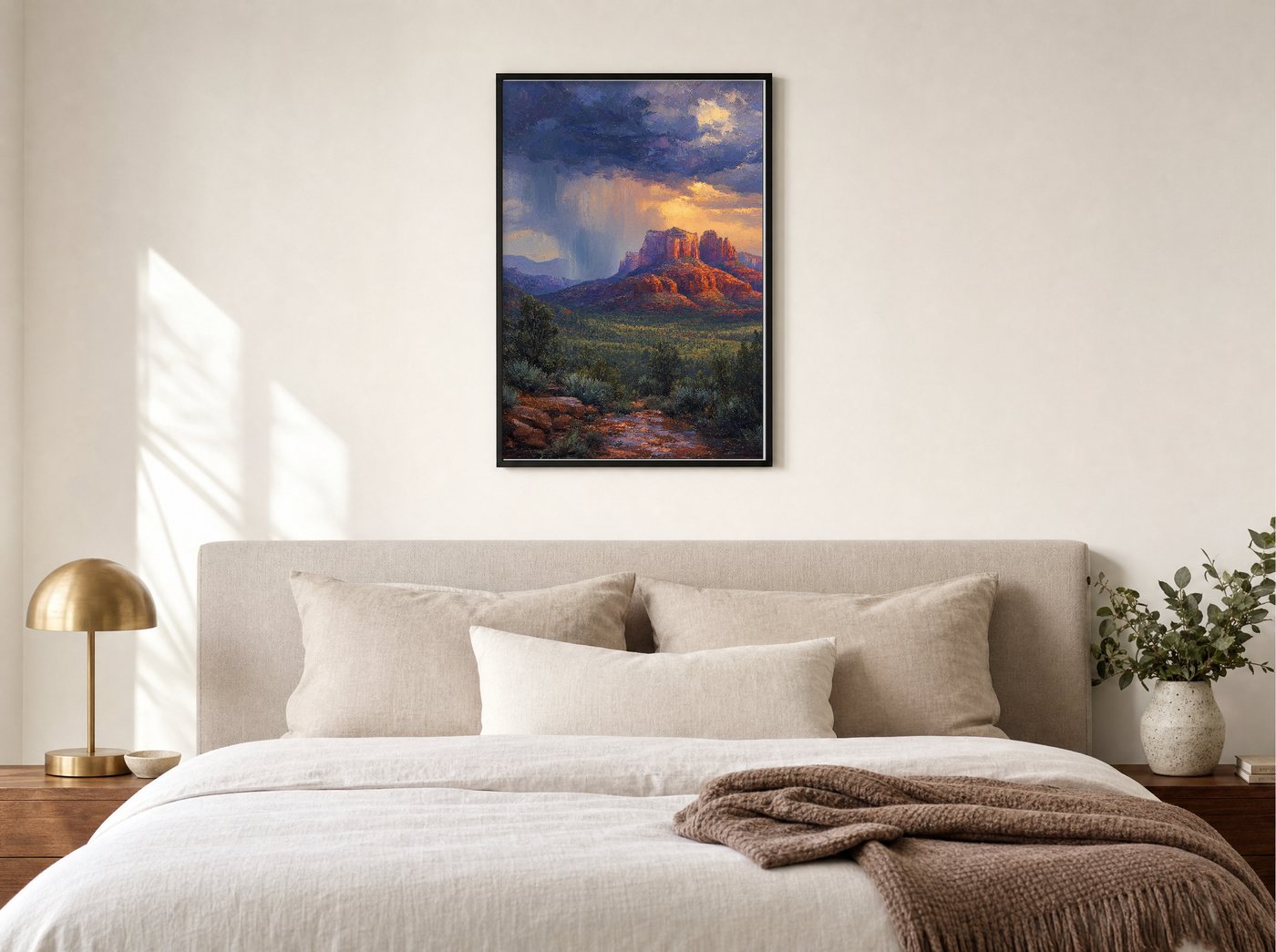 Monsoon Over the Buttes framed and hung — a quiet bedroom