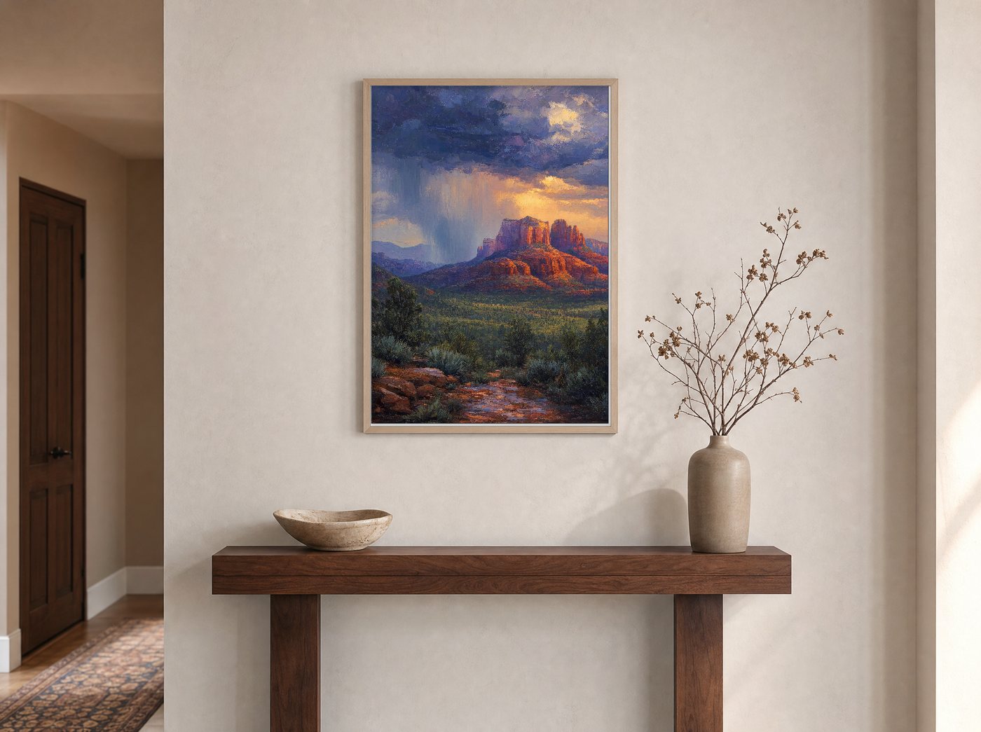 Monsoon Over the Buttes framed and hung — an entryway console