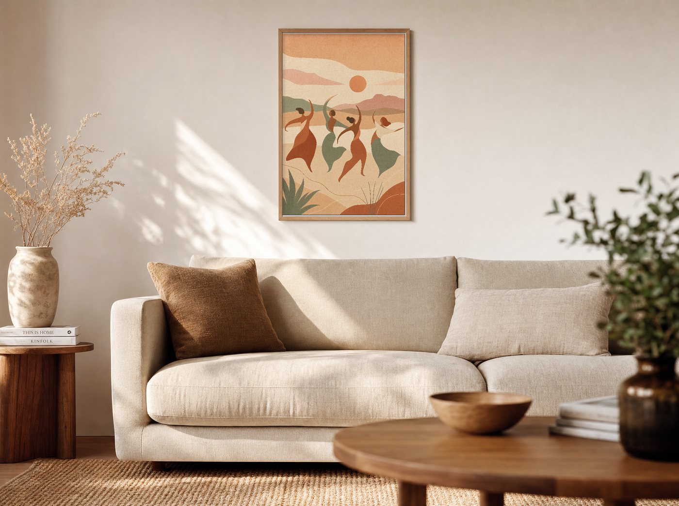 Movement framed and hung — a warm living room
