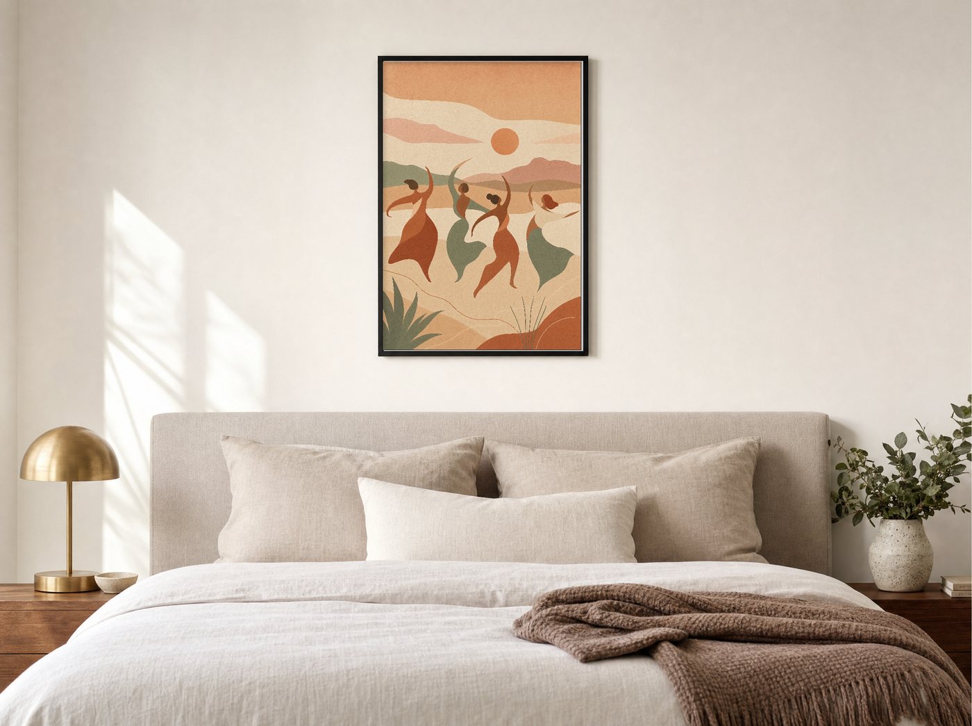 Movement framed and hung — a quiet bedroom