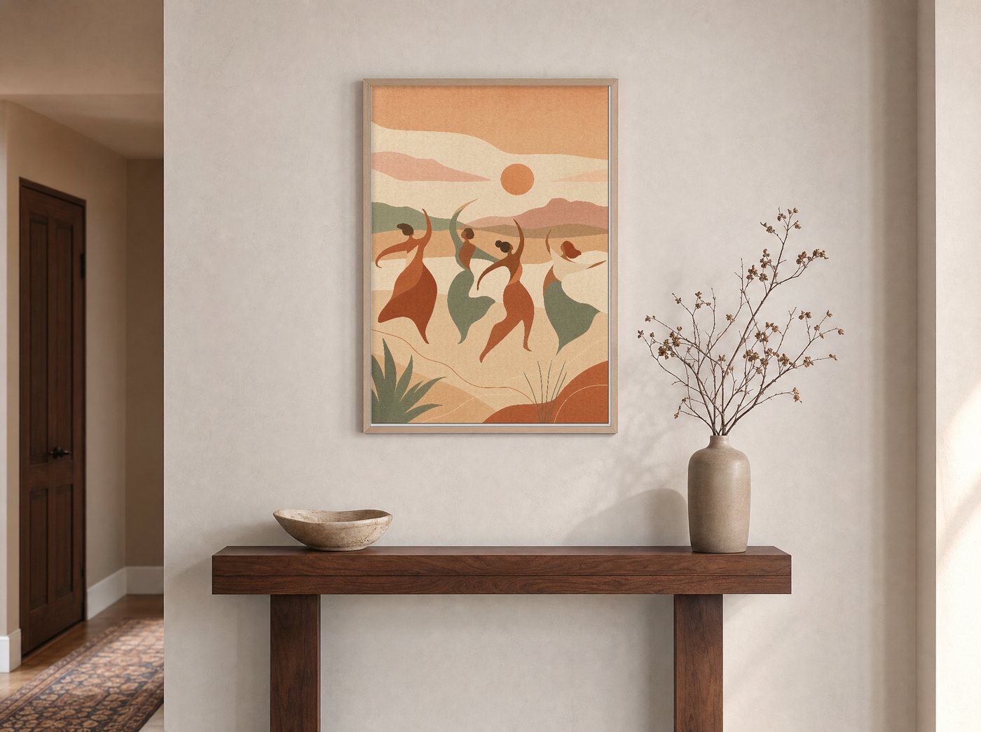 Movement framed and hung — an entryway console