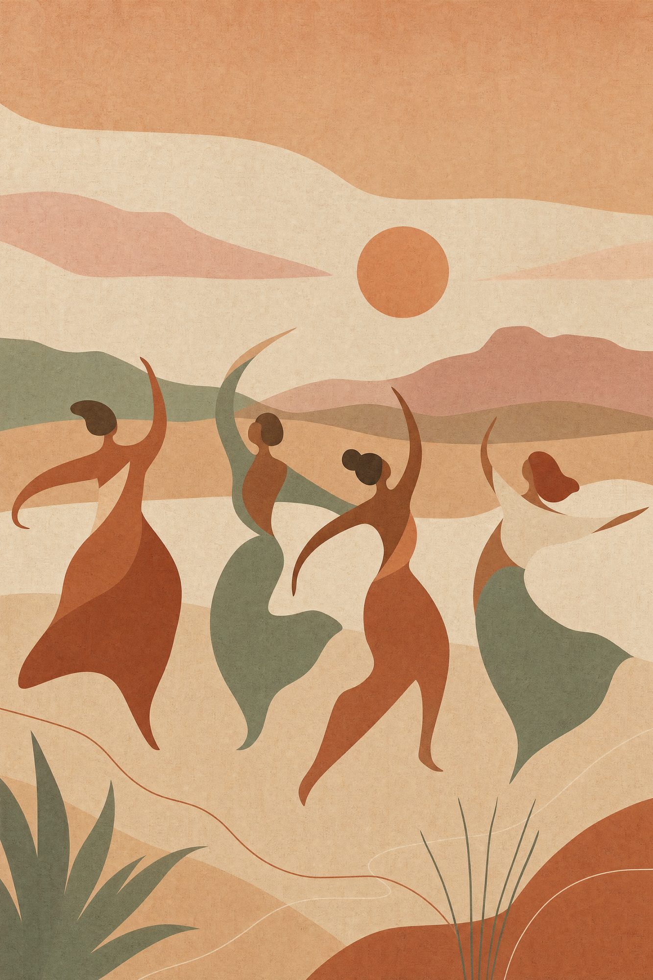 Movement — Quiet Desert print of three or four abstract human figures mid-dance, rendered only as flowing simplified silhouettes, on an open desert floor at dusk