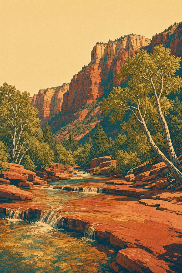 Oak Creek Canyon — Red Rock Poster print of Oak Creek running over red slickrock ledges beneath tall canyon walls near Slide Rock, Sedona