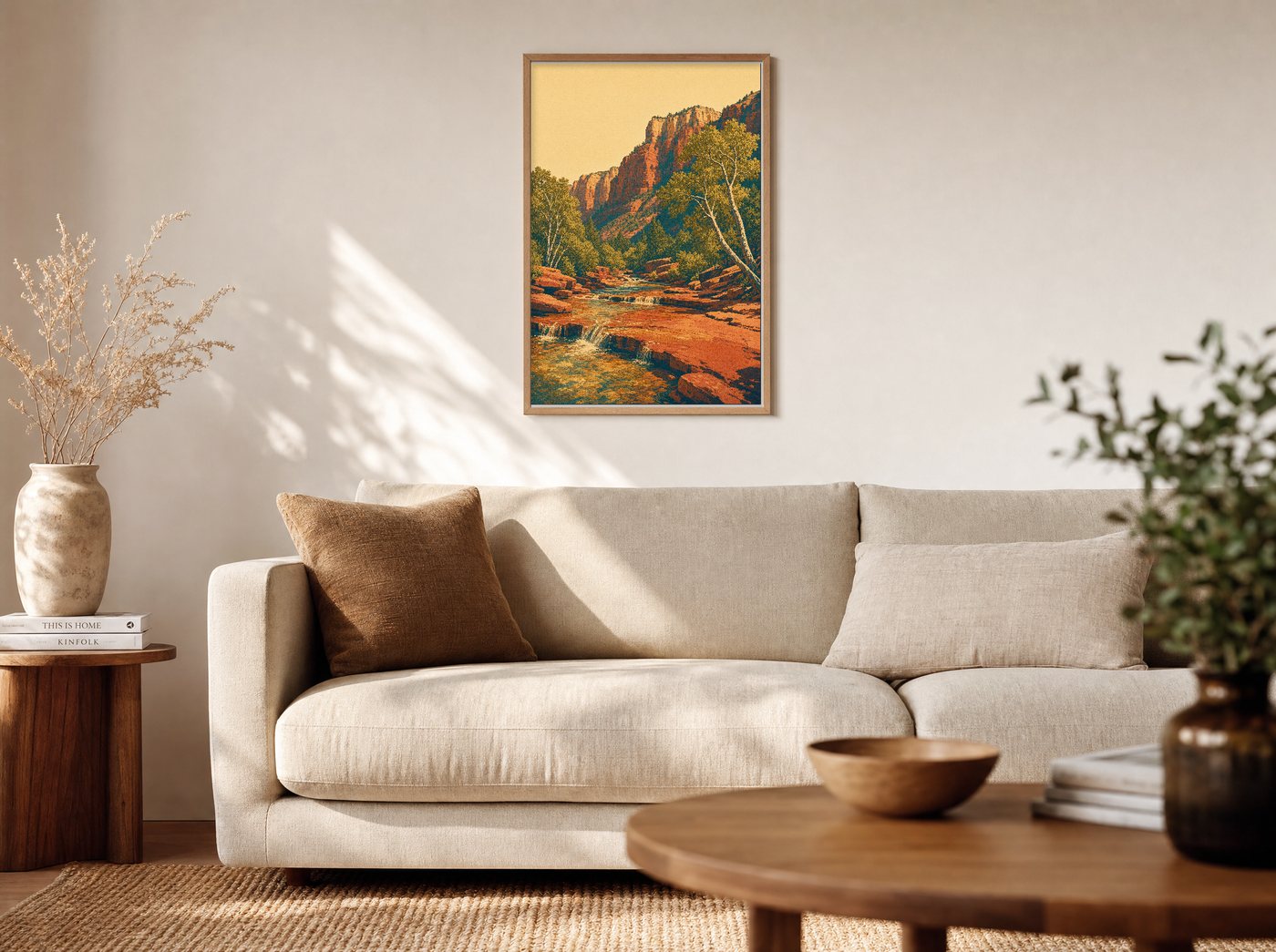 Oak Creek Canyon framed and hung — a warm living room