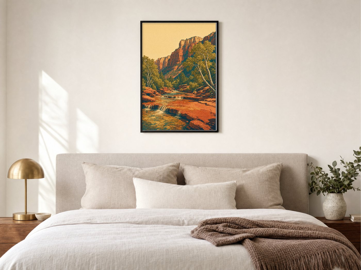 Oak Creek Canyon framed and hung — a quiet bedroom