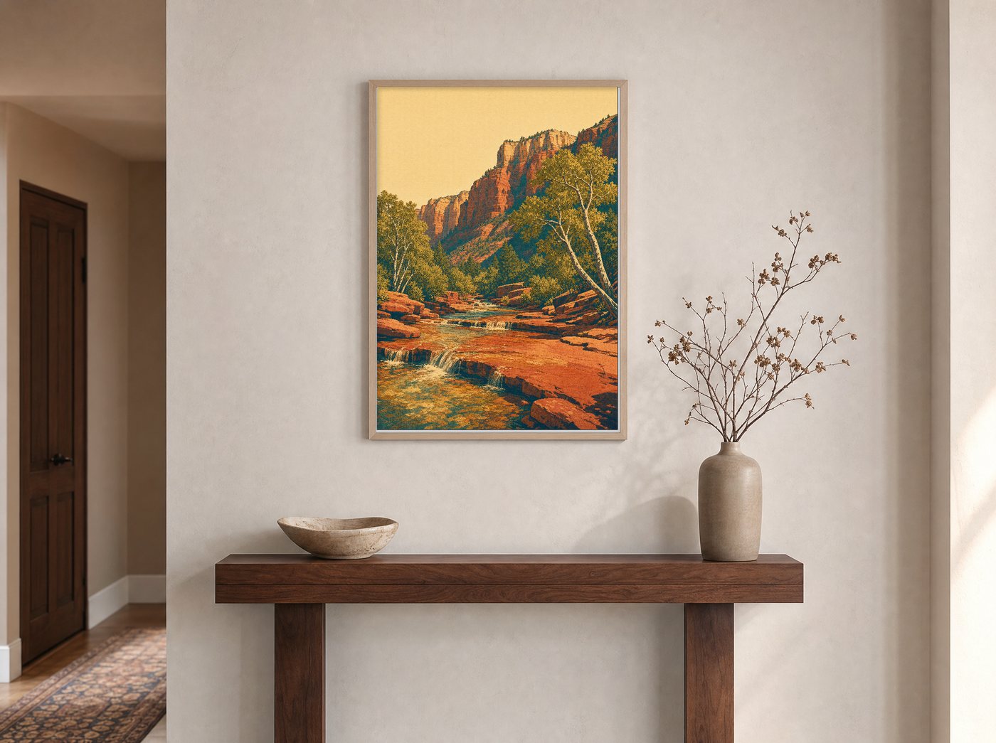 Oak Creek Canyon framed and hung — an entryway console