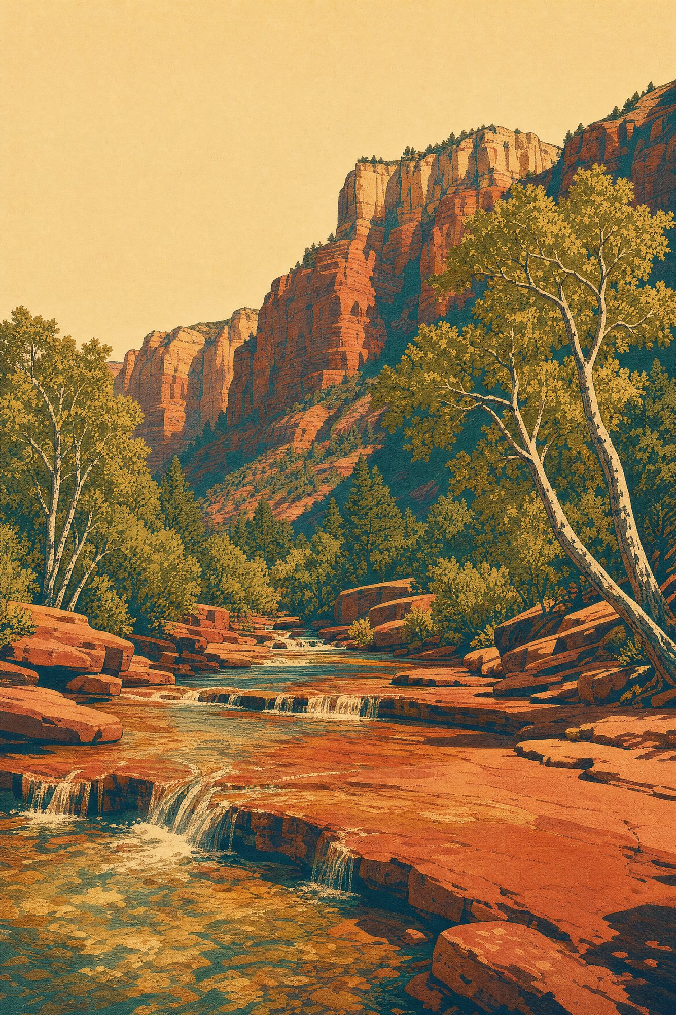 Oak Creek Canyon — Red Rock Poster print of Oak Creek running over red slickrock ledges beneath tall canyon walls near Slide Rock, Sedona