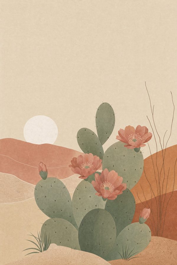 Prickly Pear in Bloom — Quiet Desert print of a prickly pear cactus with a few open blooms, its paddles simplified into overlapping flat shapes