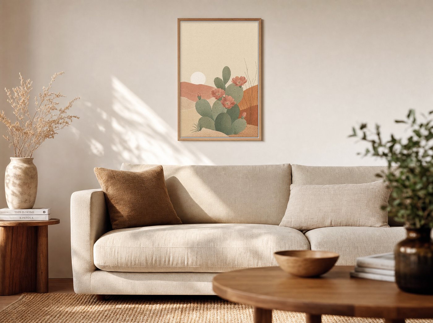 Prickly Pear in Bloom framed and hung — a warm living room
