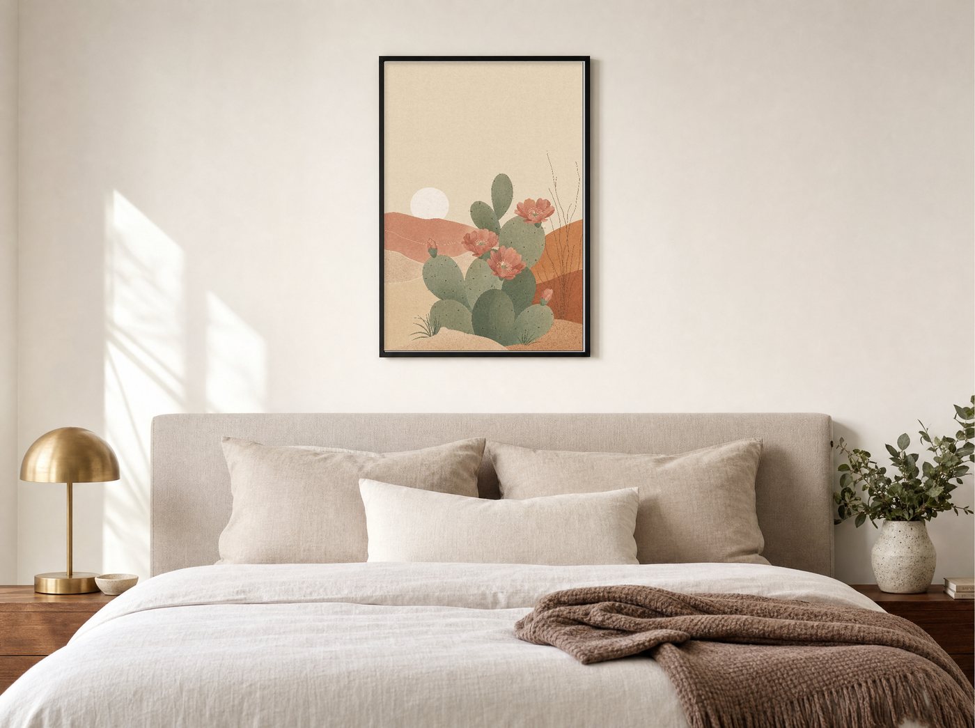Prickly Pear in Bloom framed and hung — a quiet bedroom