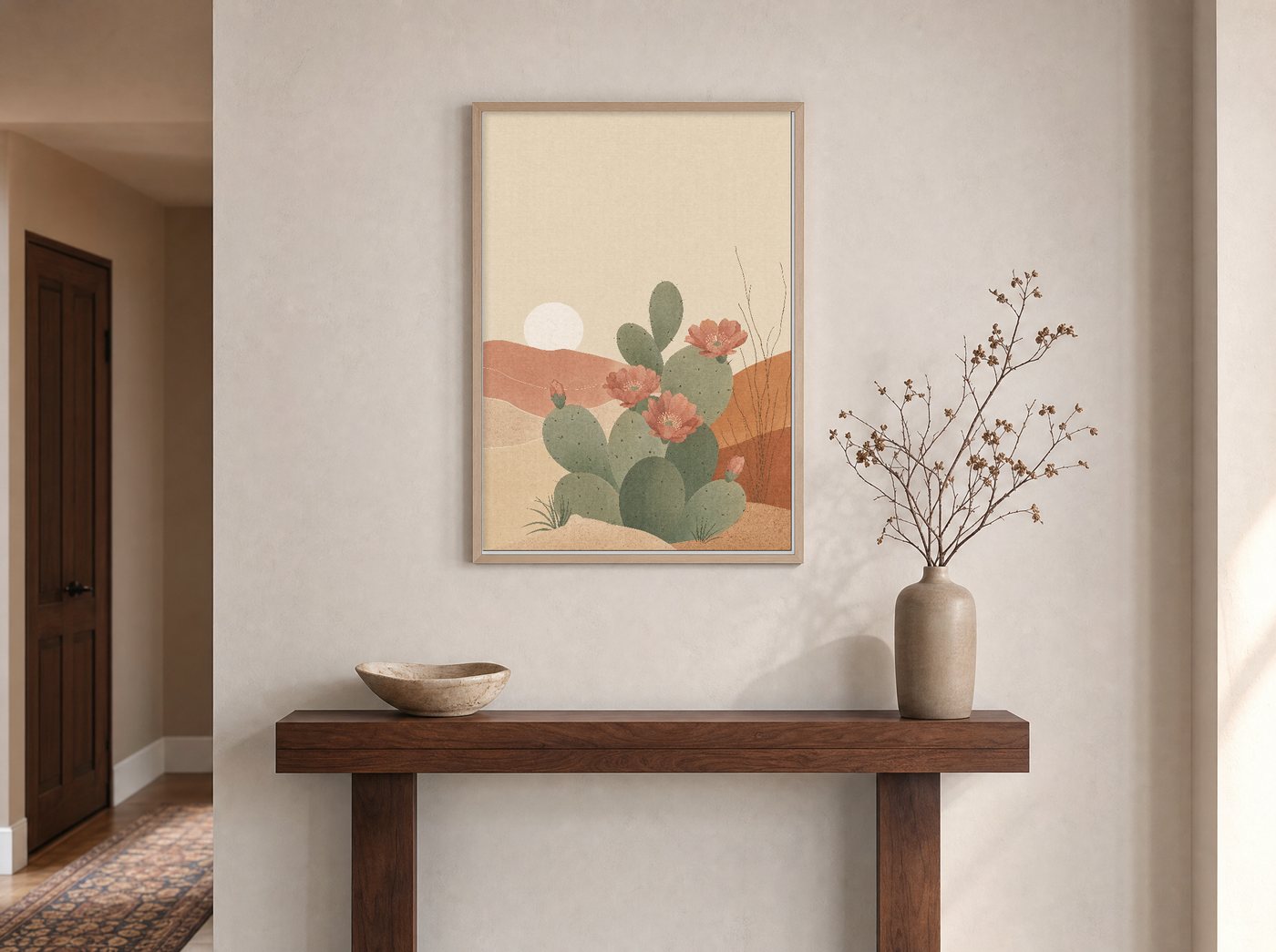 Prickly Pear in Bloom framed and hung — an entryway console