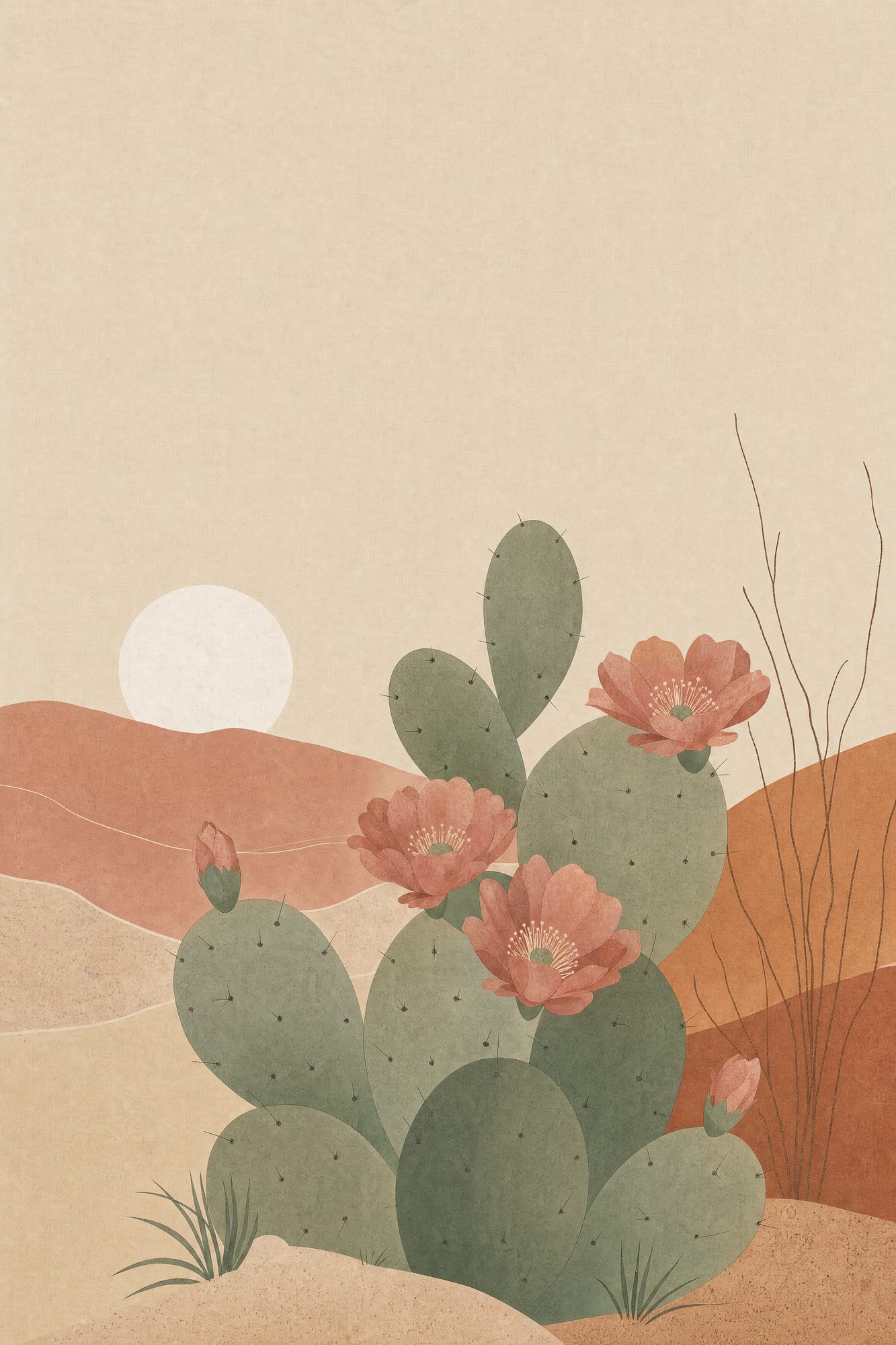 Prickly Pear in Bloom — Quiet Desert print of a prickly pear cactus with a few open blooms, its paddles simplified into overlapping flat shapes