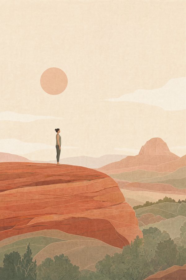 Slickrock Morning — The Quiet Hours print of one person standing in a simple upright stretch on a broad slab of red slickrock in early light, seen from a distance in profile