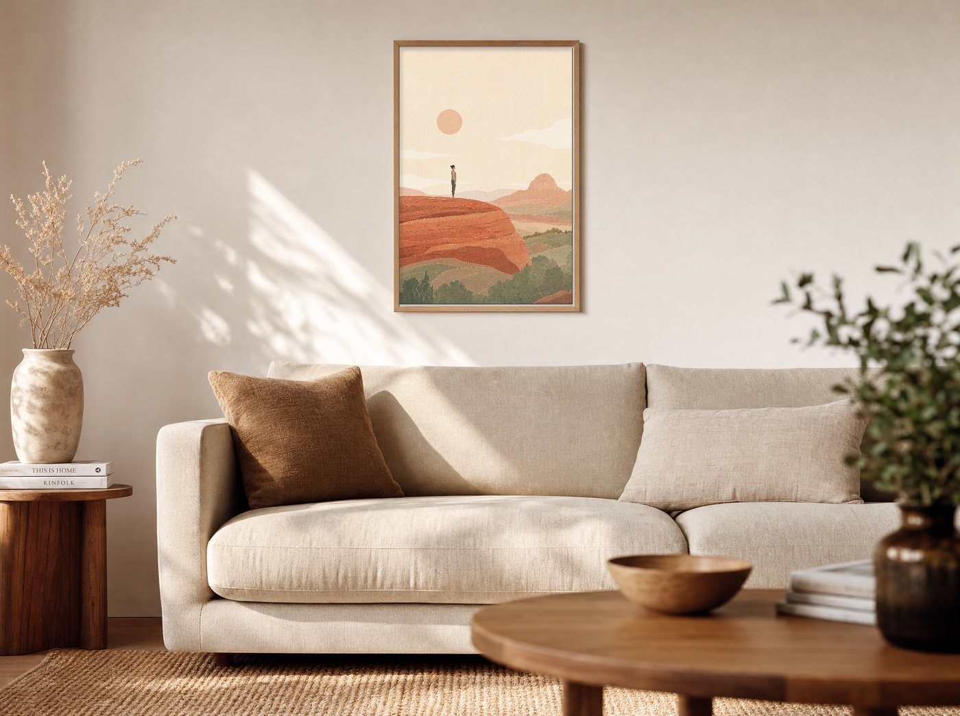 Slickrock Morning framed and hung — a warm living room