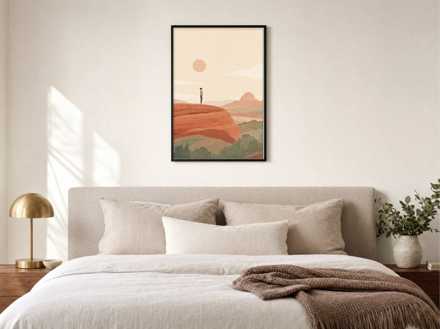Slickrock Morning framed and hung — a quiet bedroom