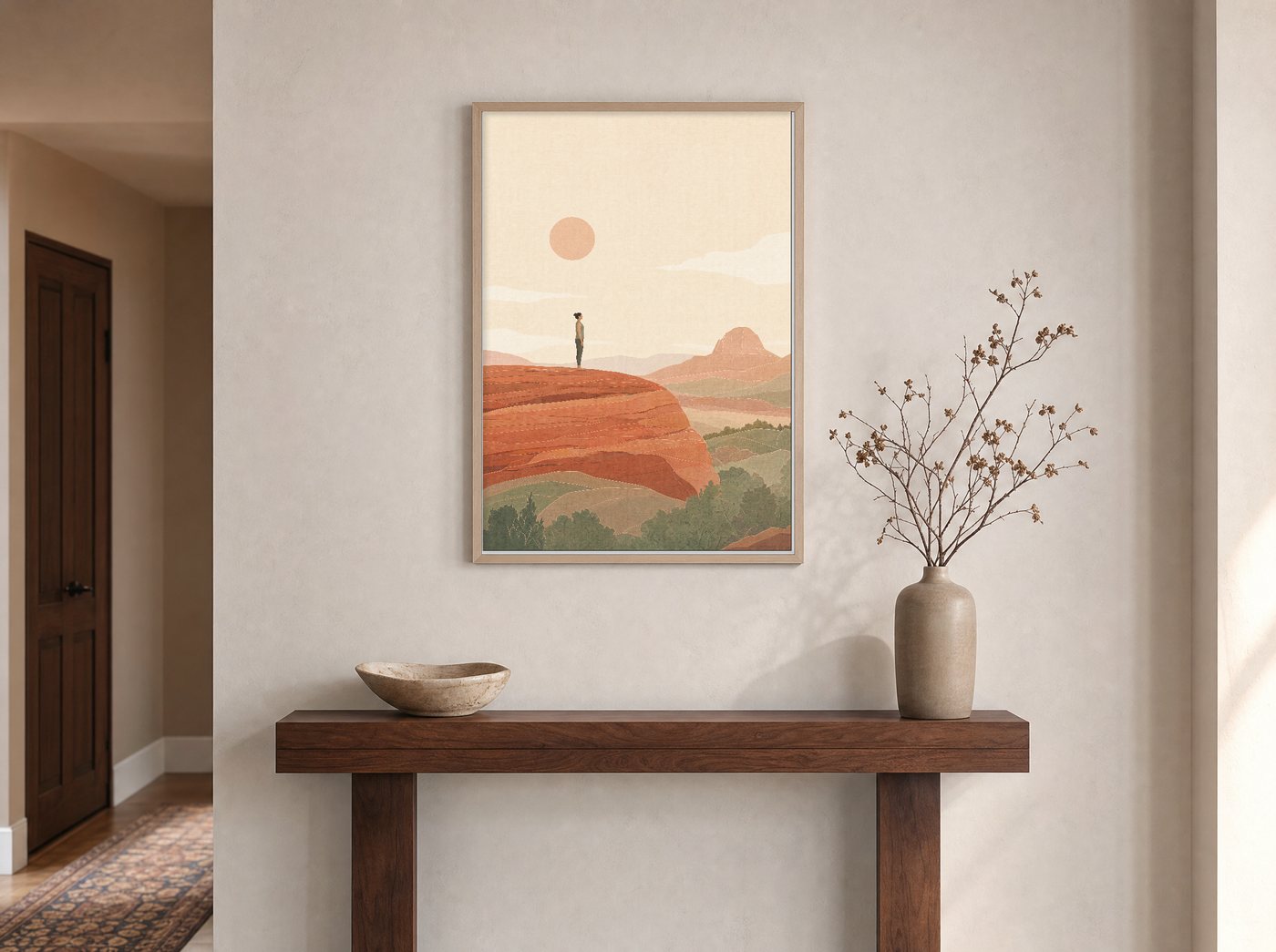 Slickrock Morning framed and hung — an entryway console