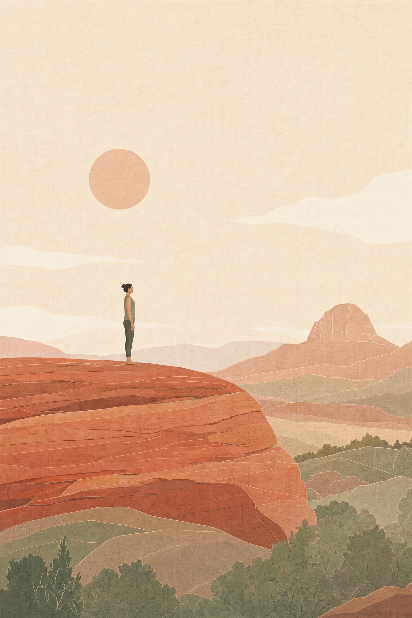 Slickrock Morning — The Quiet Hours print of one person standing in a simple upright stretch on a broad slab of red slickrock in early light, seen from a distance in profile