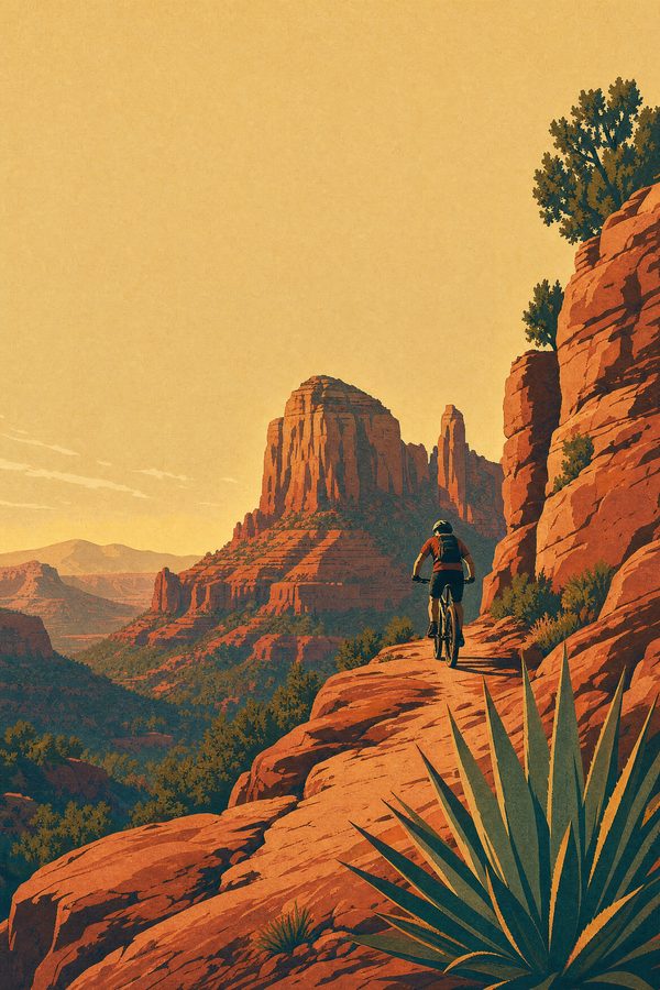 The Slickrock Line — Red Rock Poster print of a lone mountain biker riding a slickrock ledge trail high above the Sedona red rock canyons at golden hour