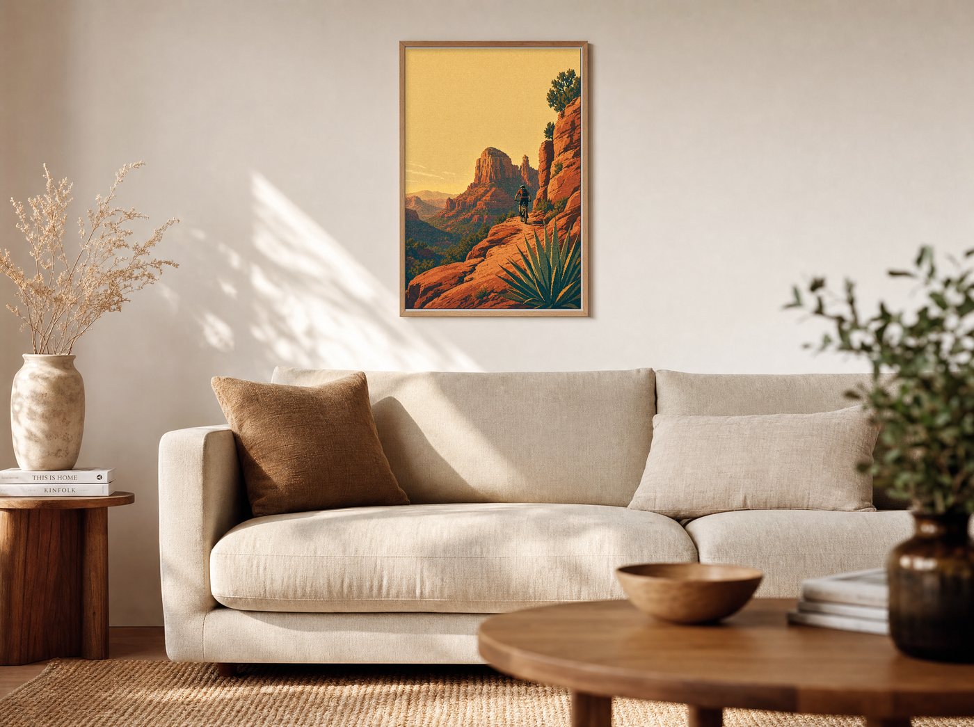 The Slickrock Line framed and hung — a warm living room