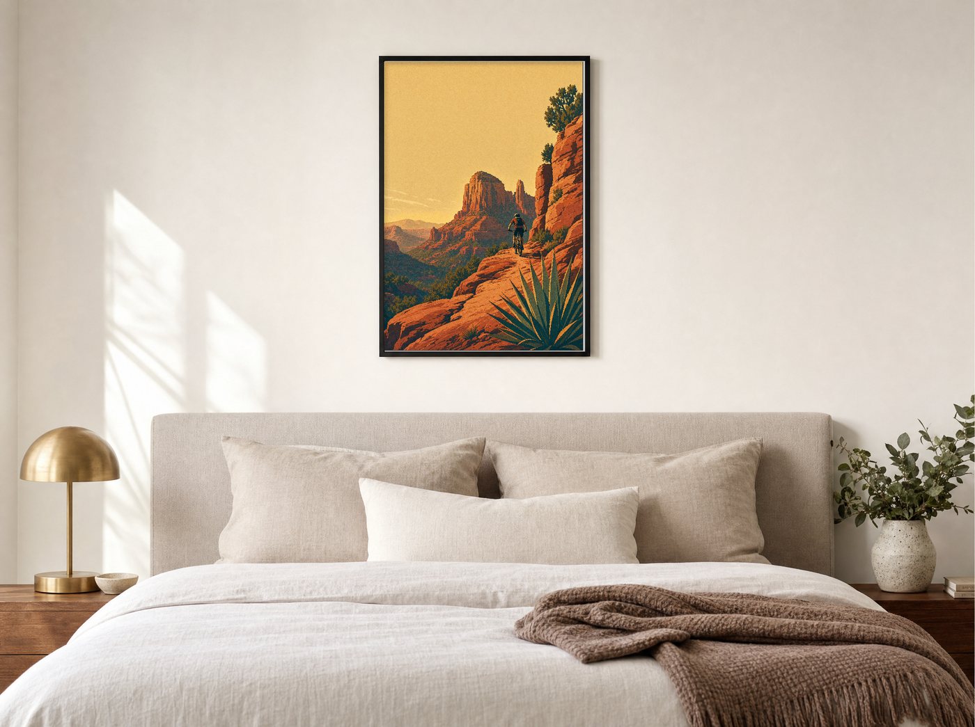 The Slickrock Line framed and hung — a quiet bedroom