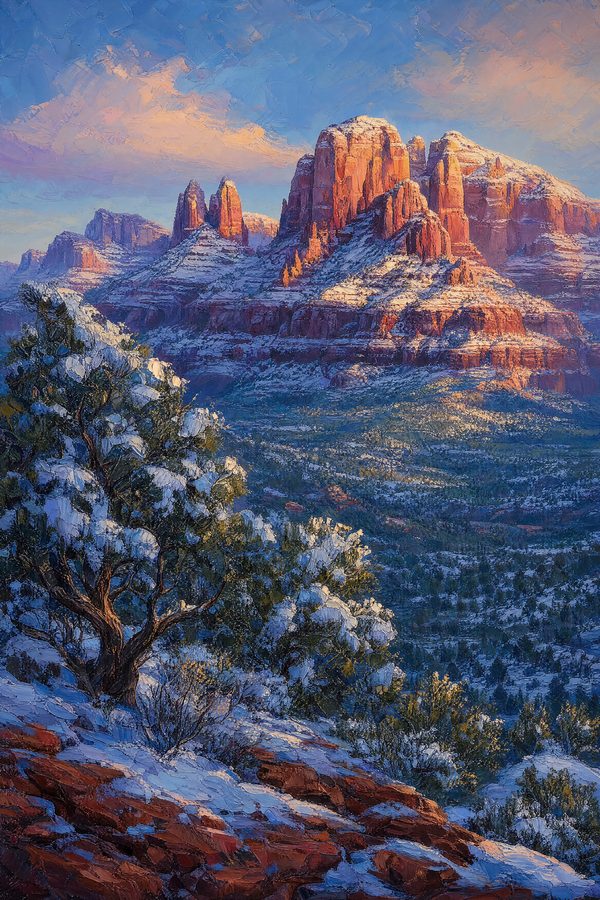 Snow on Red — Canyon Light print of fresh snow dusting the red sandstone buttes of Sedona Arizona on a clear cold morning