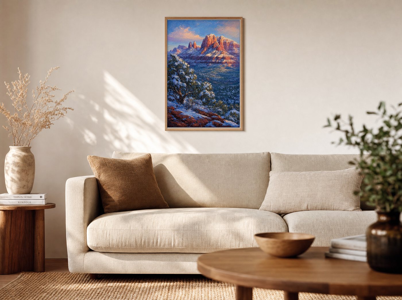 Snow on Red framed and hung — a warm living room