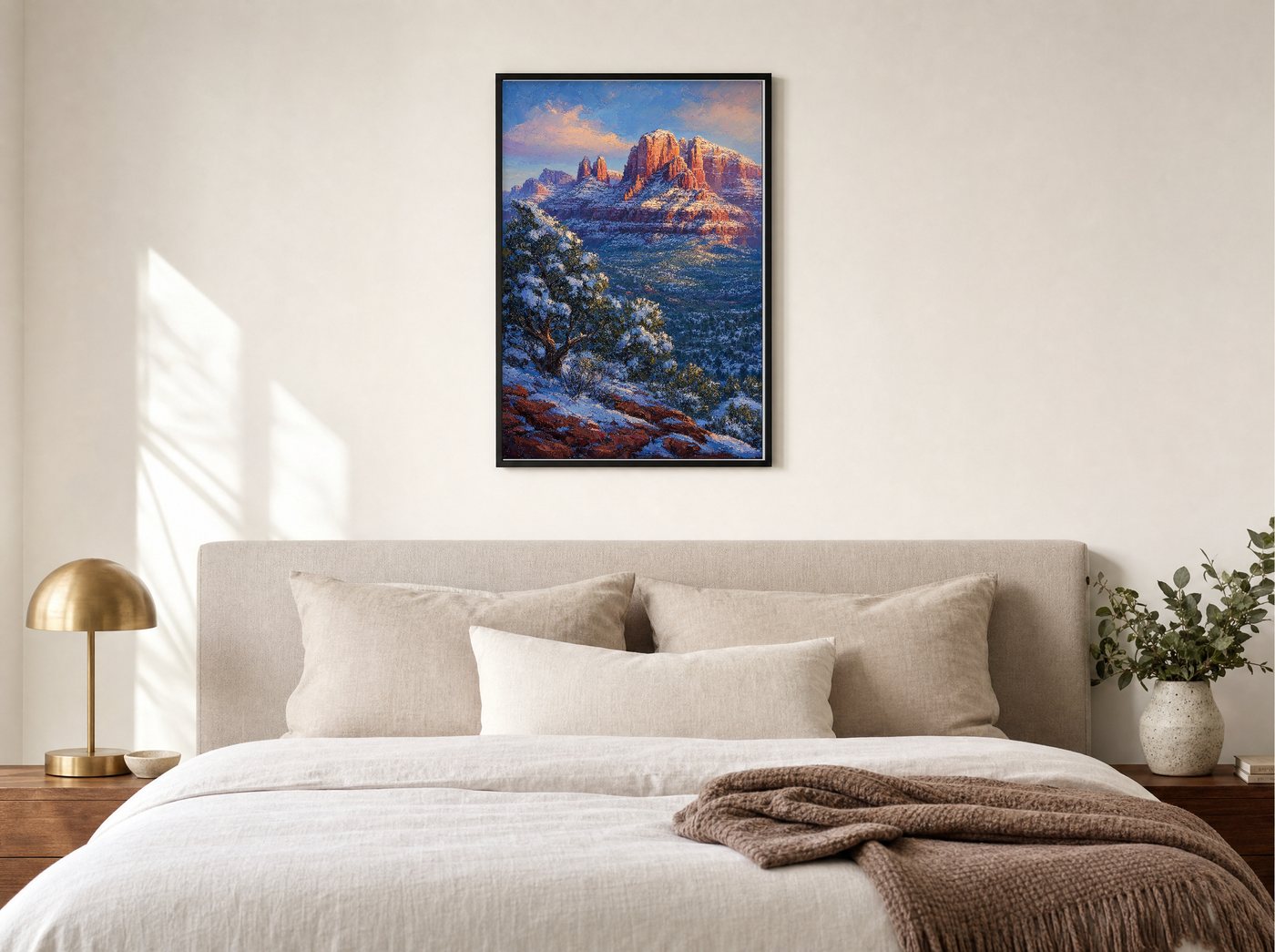 Snow on Red framed and hung — a quiet bedroom