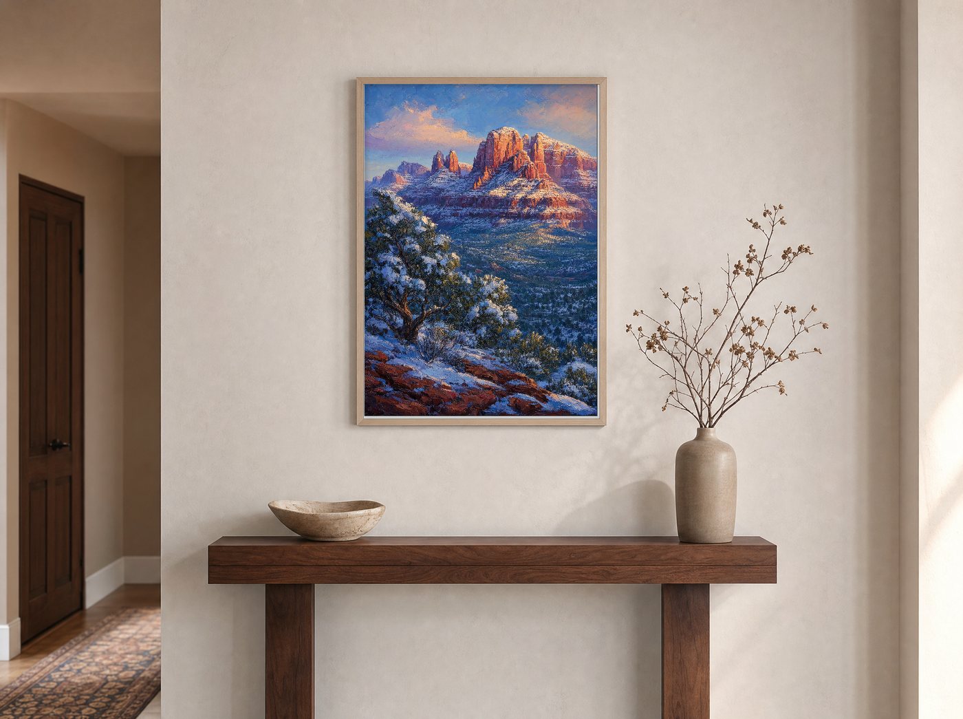 Snow on Red framed and hung — an entryway console
