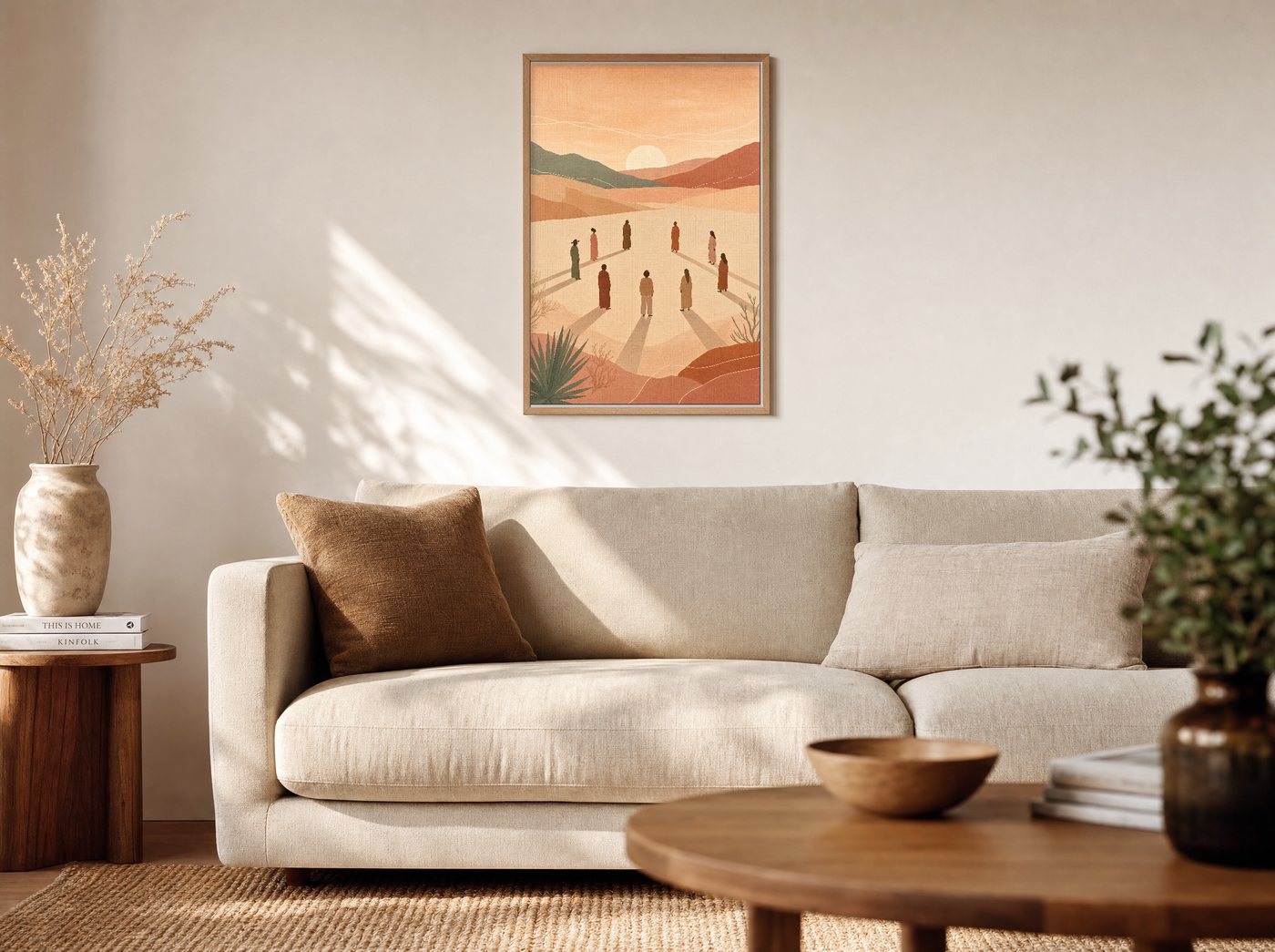 The Circle framed and hung — a warm living room