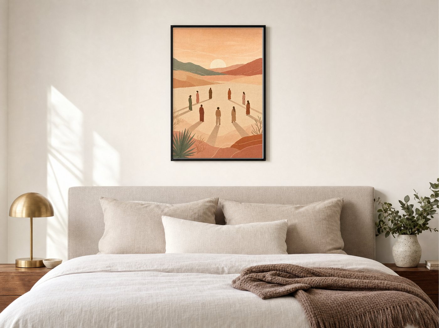 The Circle framed and hung — a quiet bedroom