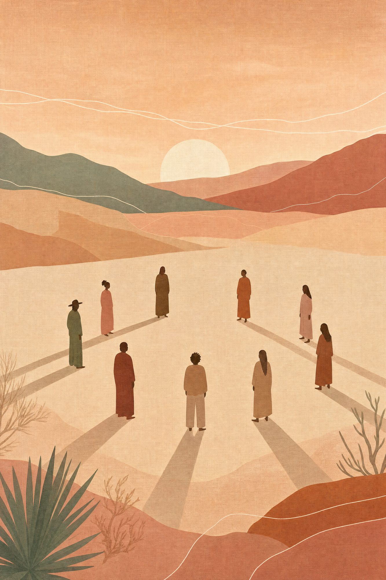 The Circle — The Quiet Hours print of eight or nine people standing in a wide ring on an open desert floor at dusk, rendered only as simple flat silhouettes