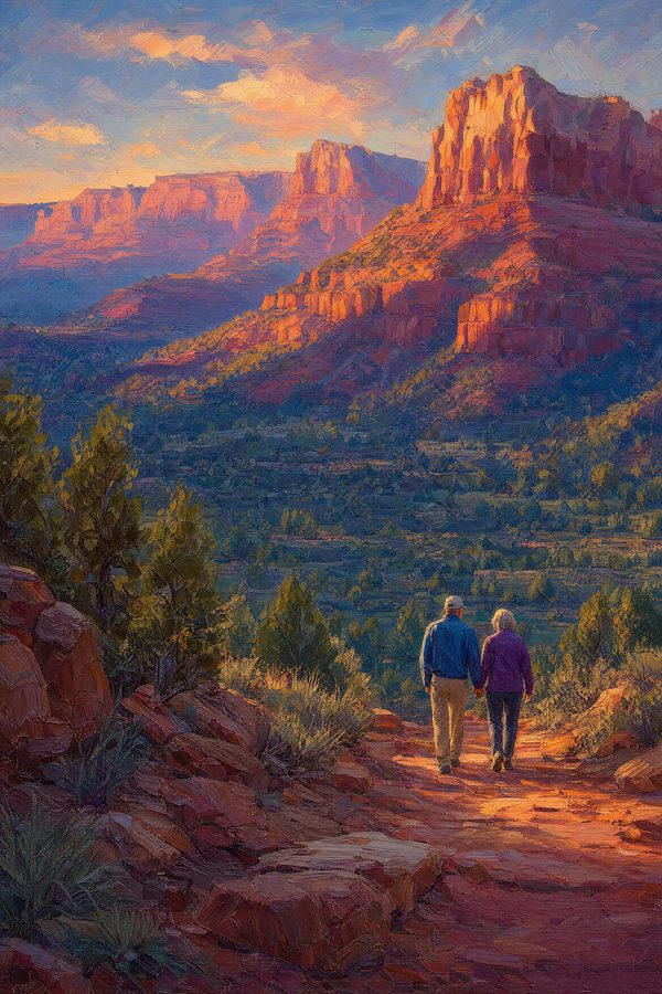 The Long Walk — Canyon Light print of an older couple walking slowly together along a red rock path in Sedona in late afternoon, seen from behind at a distance, unhurried