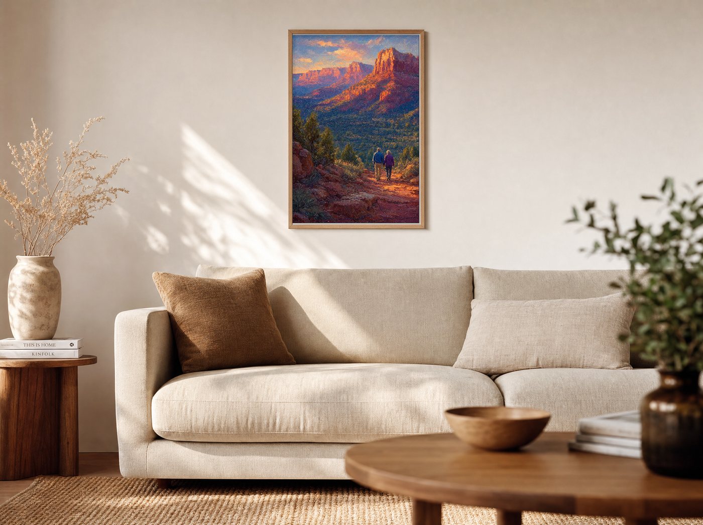 The Long Walk framed and hung — a warm living room