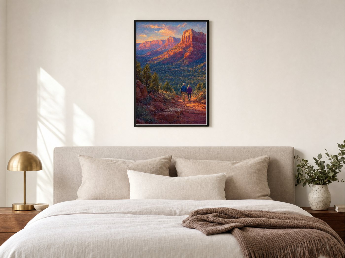 The Long Walk framed and hung — a quiet bedroom