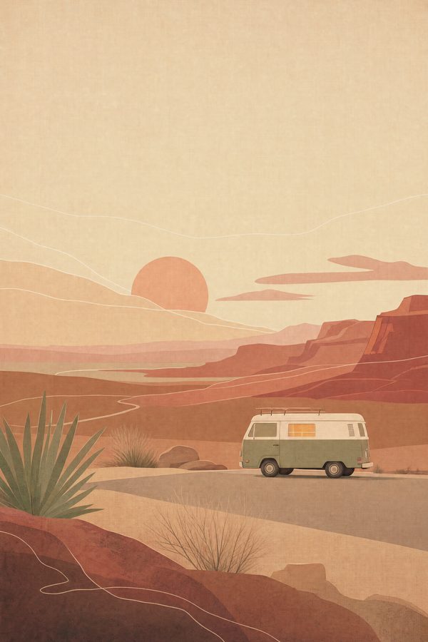 The Turnout — Quiet Desert print of an old camper van parked alone at a desert pullout facing the red rock horizon at dusk, no people visible