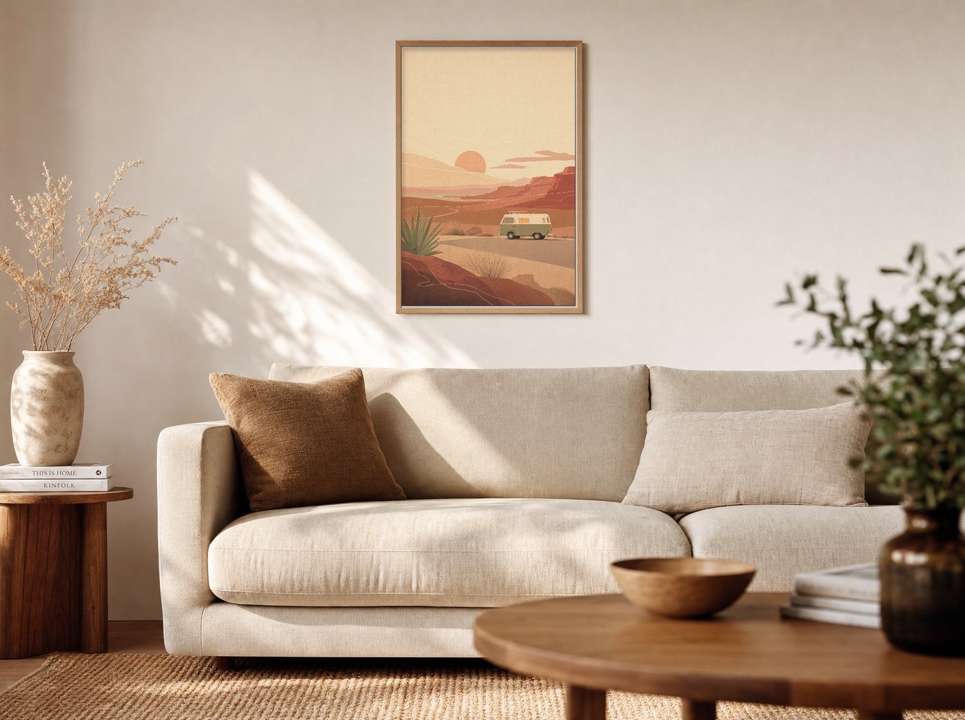 The Turnout framed and hung — a warm living room