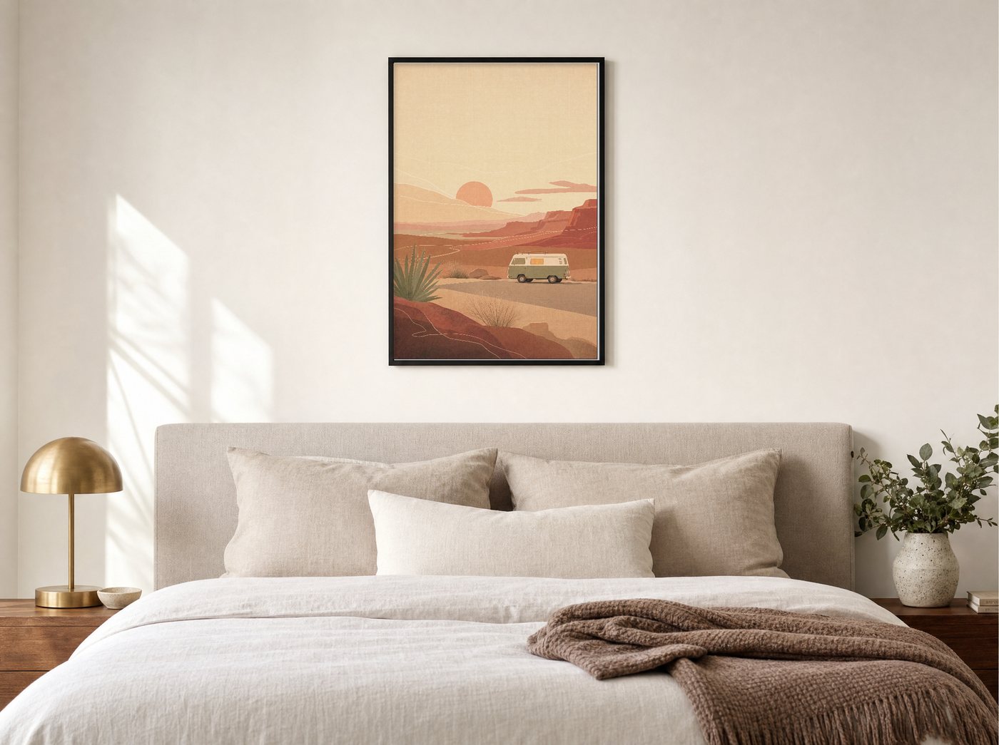 The Turnout framed and hung — a quiet bedroom