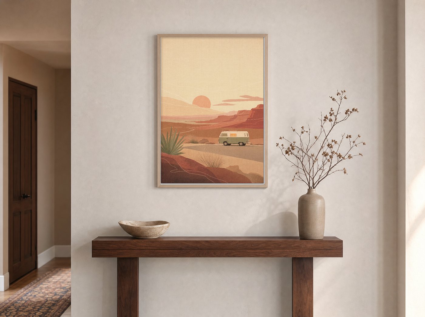 The Turnout framed and hung — an entryway console