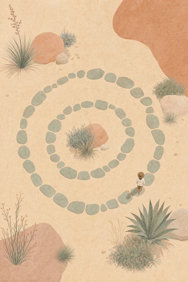 The Walk — The Quiet Hours print of a circular walking path laid out in loose stones on flat desert ground, seen from directly above, with one small figure partway along it
