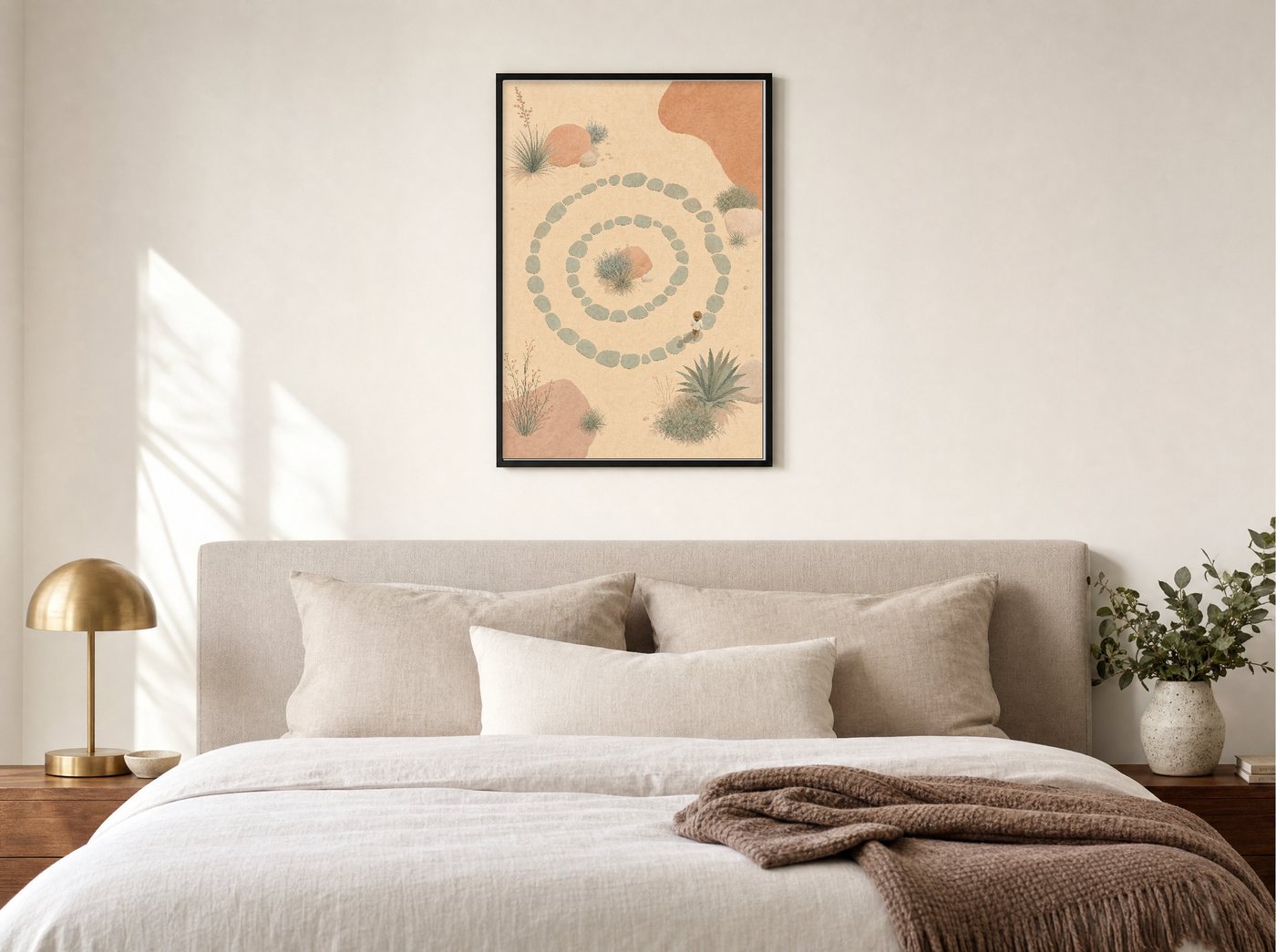 The Walk framed and hung — a quiet bedroom